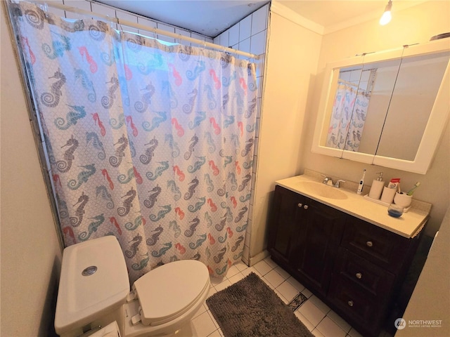 bathroom featuring a shower with curtain, vanity, crown molding, tile patterned flooring, and toilet