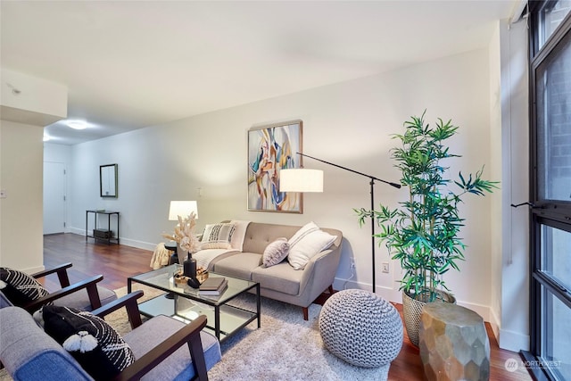 living room featuring dark wood-type flooring