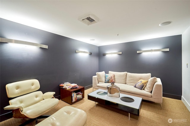 home theater featuring light carpet