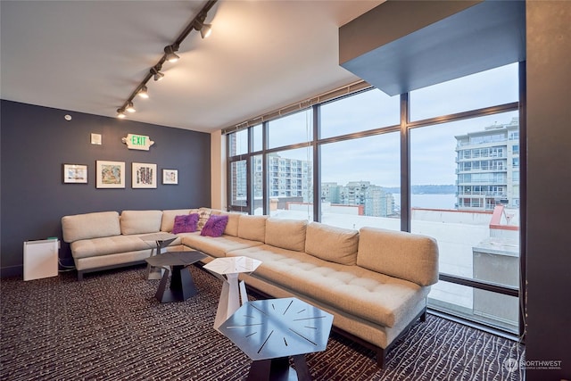 carpeted living room with rail lighting, floor to ceiling windows, and a water view