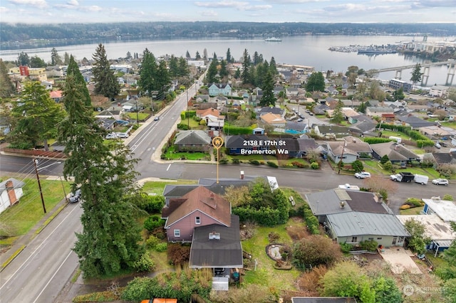 aerial view featuring a water view