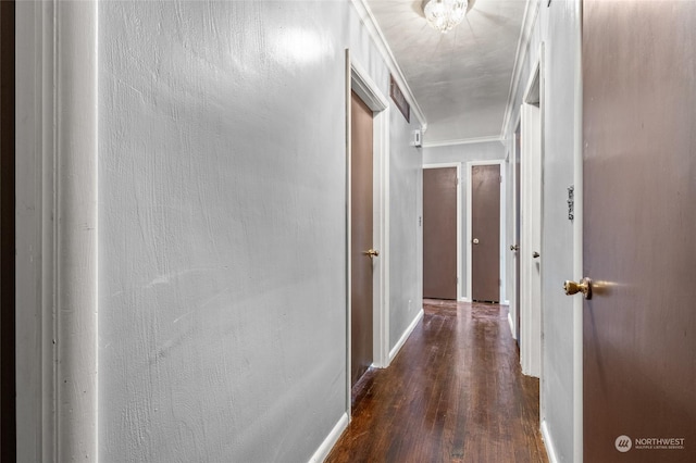 hallway with dark hardwood / wood-style floors and ornamental molding