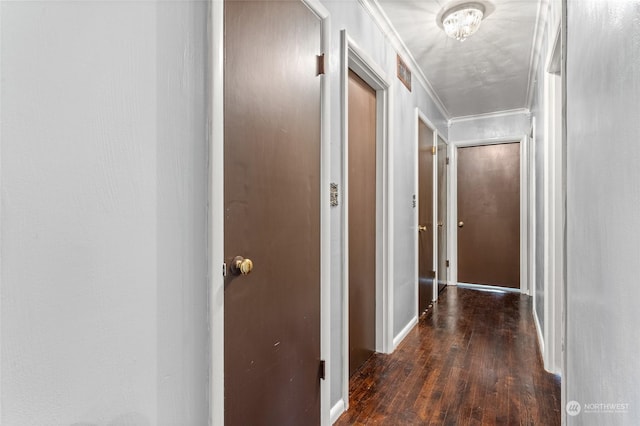 corridor with dark wood-type flooring and crown molding