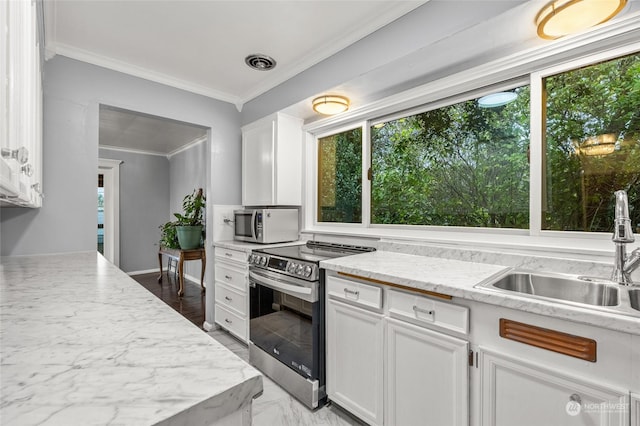 kitchen with crown molding, sink, white cabinets, and stainless steel electric range