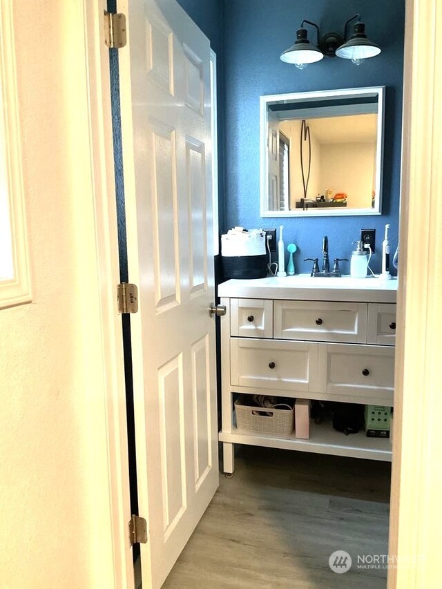 bathroom with vanity and wood-type flooring