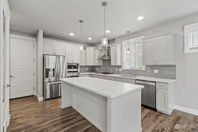 kitchen with stainless steel appliances, decorative backsplash, a kitchen island, sink, and white cabinetry