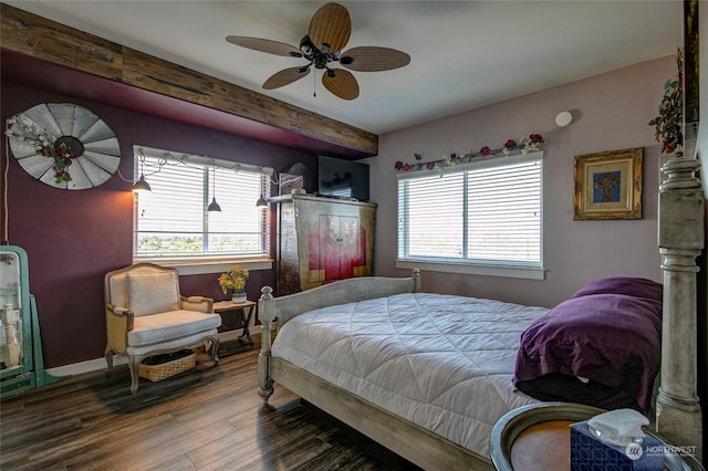 bedroom with ceiling fan and hardwood / wood-style flooring