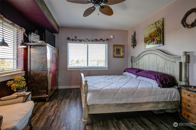 bedroom featuring dark wood-type flooring, ceiling fan, and multiple windows