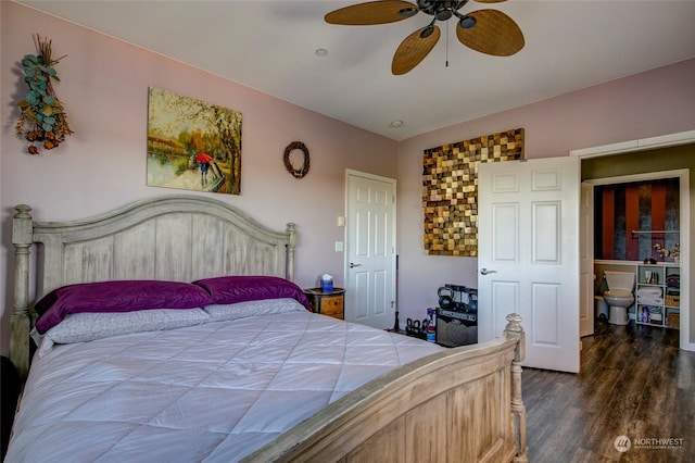 bedroom featuring dark hardwood / wood-style flooring and ceiling fan