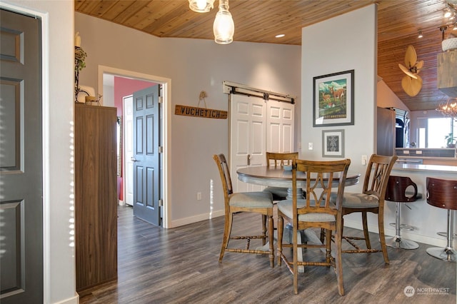 dining space with dark wood-type flooring, wooden ceiling, and a barn door