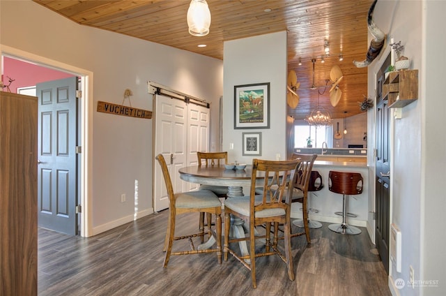 dining area featuring dark hardwood / wood-style flooring, an inviting chandelier, a barn door, and wood ceiling