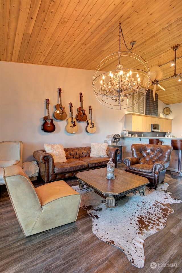 living room with wood ceiling, lofted ceiling, and dark wood-type flooring