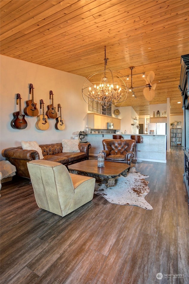 living room featuring lofted ceiling, wood-type flooring, wooden ceiling, and ceiling fan with notable chandelier