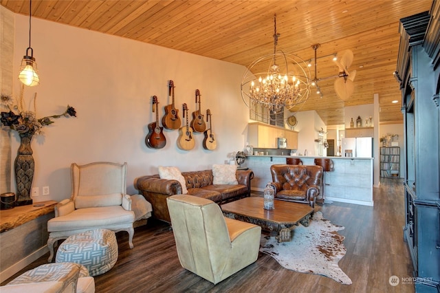 living room with an inviting chandelier, wooden ceiling, and dark hardwood / wood-style flooring