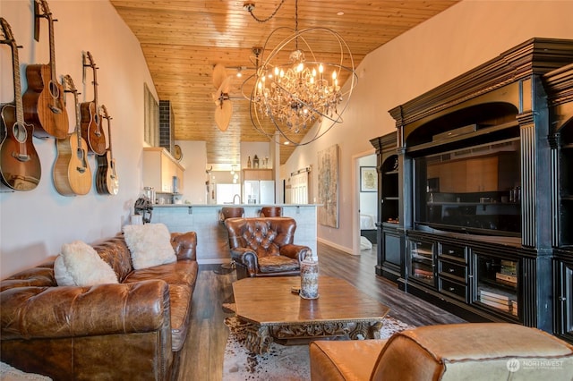 living room featuring wood ceiling, a chandelier, lofted ceiling, and dark hardwood / wood-style floors