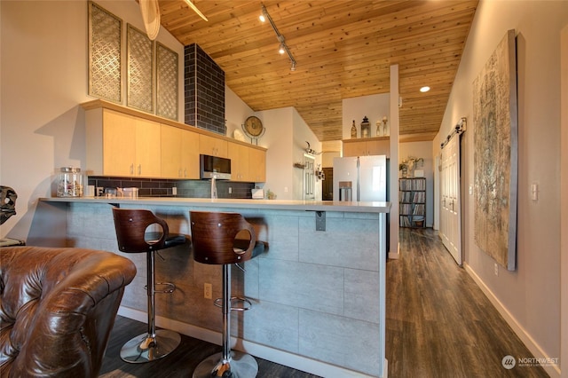 kitchen featuring stainless steel appliances, light brown cabinetry, a barn door, and kitchen peninsula