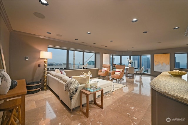 living room featuring crown molding