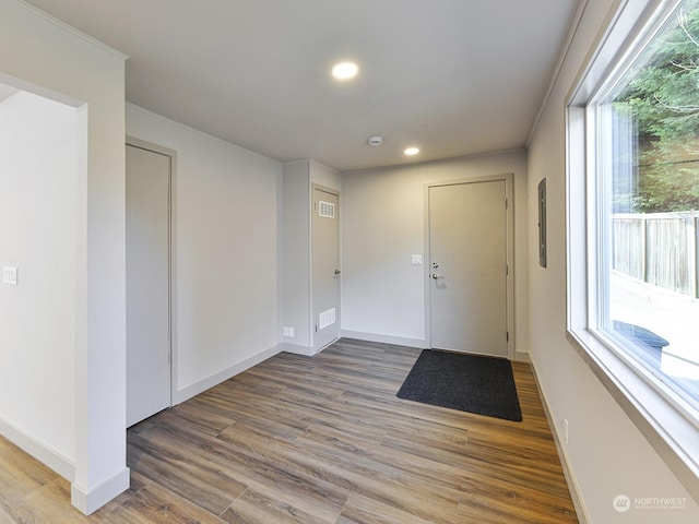 foyer entrance with crown molding, hardwood / wood-style flooring, and a healthy amount of sunlight