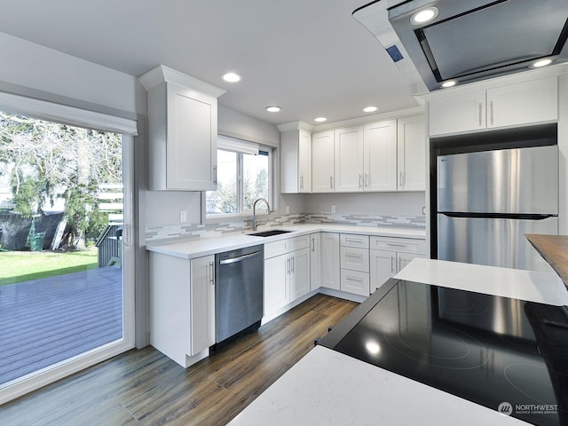 kitchen with sink, dark wood-type flooring, stainless steel appliances, and white cabinets