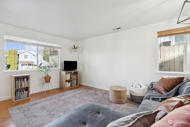 living room with a healthy amount of sunlight and light hardwood / wood-style floors