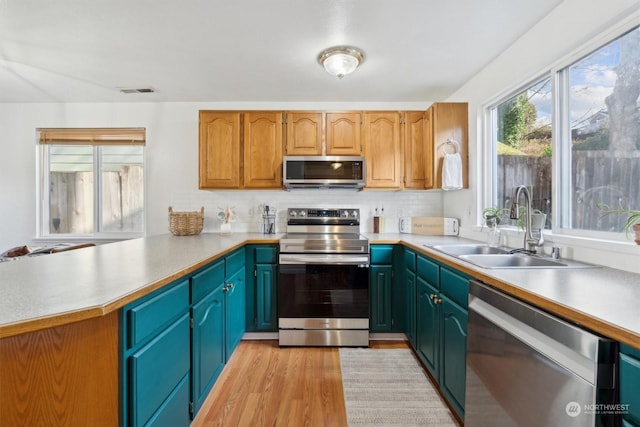 kitchen featuring sink, light hardwood / wood-style flooring, appliances with stainless steel finishes, tasteful backsplash, and kitchen peninsula