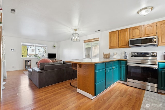 kitchen featuring light hardwood / wood-style flooring, appliances with stainless steel finishes, decorative backsplash, decorative light fixtures, and kitchen peninsula