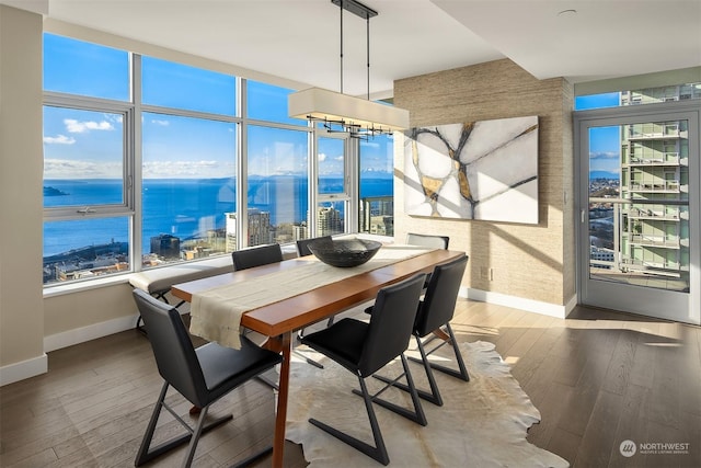 dining area featuring hardwood / wood-style floors and a water view