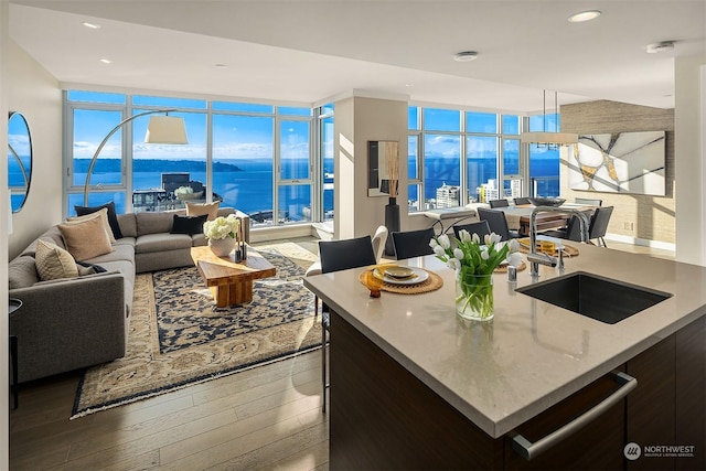 kitchen featuring an island with sink, wood-type flooring, sink, stainless steel dishwasher, and a water view