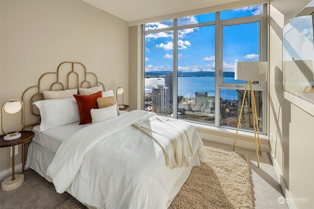 bedroom with carpet floors and a water view