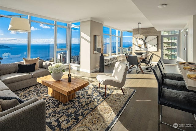 living room with a water view, a wall of windows, wood-type flooring, and a wealth of natural light