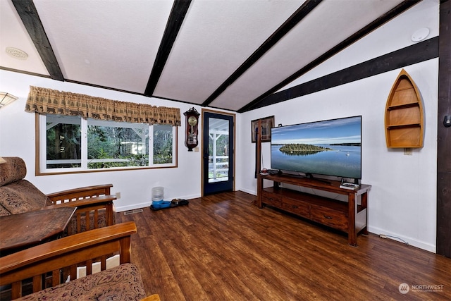 living room with vaulted ceiling with beams and dark wood-type flooring