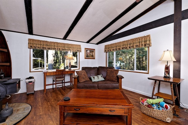 living room featuring dark hardwood / wood-style flooring, vaulted ceiling, and a wealth of natural light