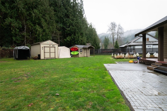 view of yard featuring a storage shed and a patio