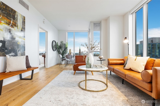 sitting room with light hardwood / wood-style floors and expansive windows