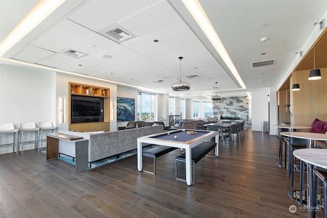 playroom with billiards and dark hardwood / wood-style floors