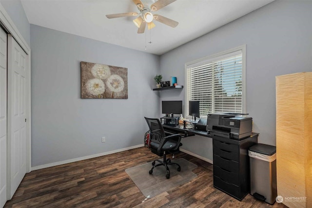 office space featuring dark hardwood / wood-style flooring and ceiling fan