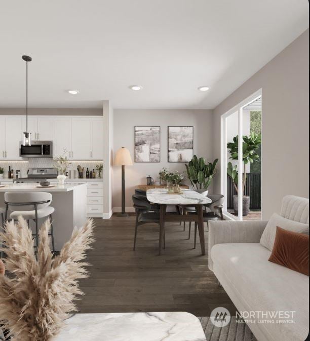 dining area with dark wood-type flooring