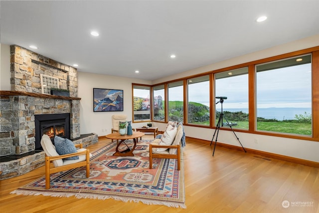 living room featuring light hardwood / wood-style floors and a stone fireplace