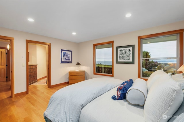 bedroom featuring multiple windows and light wood-type flooring