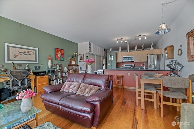 living room with track lighting, sink, and light wood-type flooring