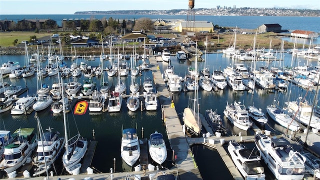 drone / aerial view with a water view