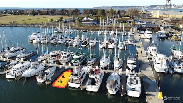 drone / aerial view featuring a water view