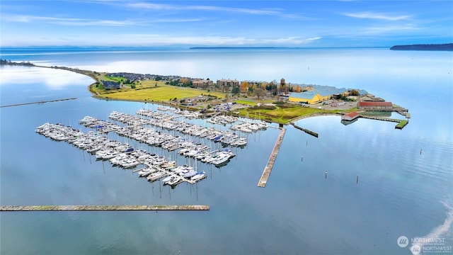 drone / aerial view with a water view