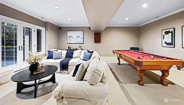 game room with carpet, french doors, ornamental molding, and pool table