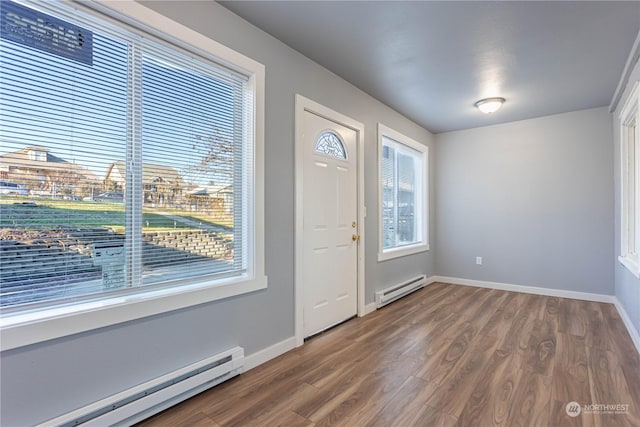 entrance foyer featuring dark wood-type flooring and a baseboard radiator