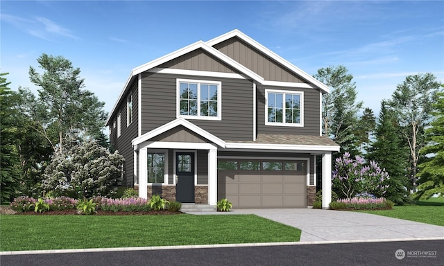 craftsman house with a front yard and a garage