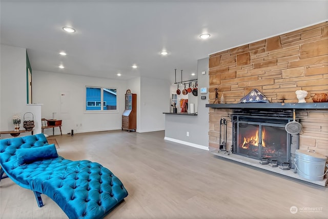 living room featuring a fireplace and wood-type flooring