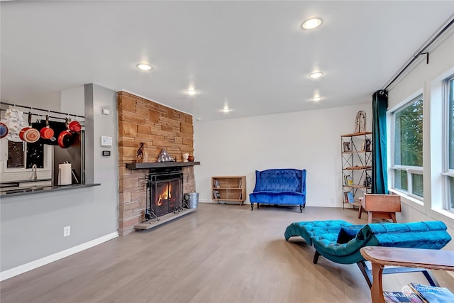 living area with hardwood / wood-style flooring and a stone fireplace