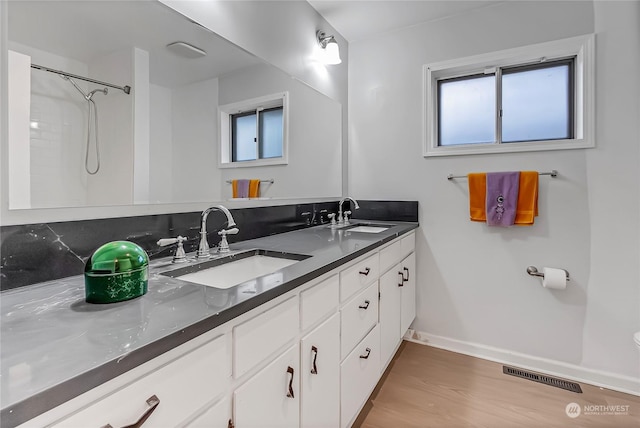 bathroom featuring backsplash, vanity, a healthy amount of sunlight, and wood-type flooring