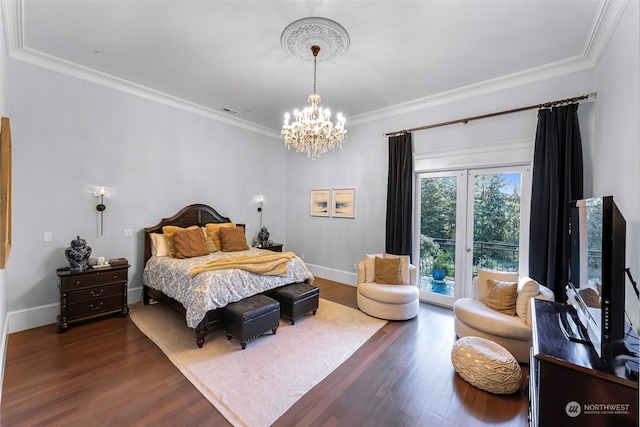 bedroom with ornamental molding, access to exterior, and dark hardwood / wood-style floors